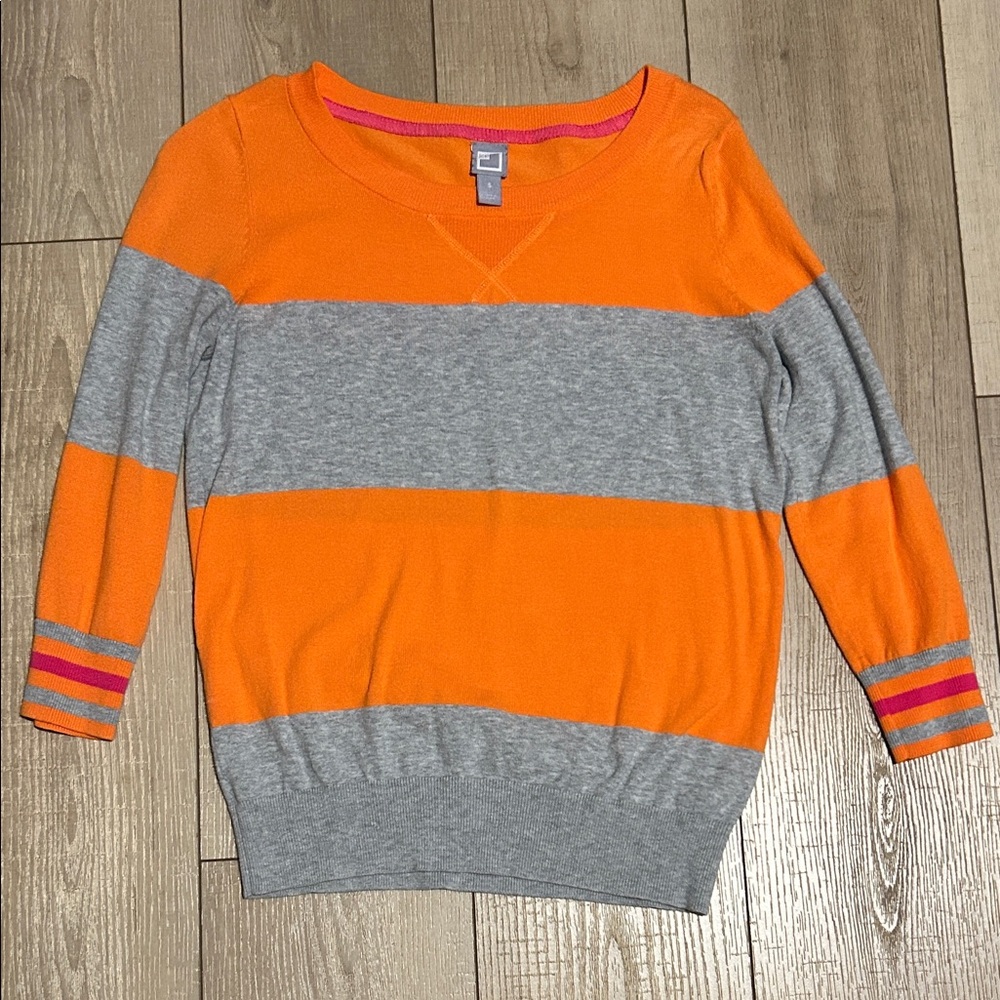 JCP Orange, Gray and Pink Striped 3/4 Sleeve Sweater